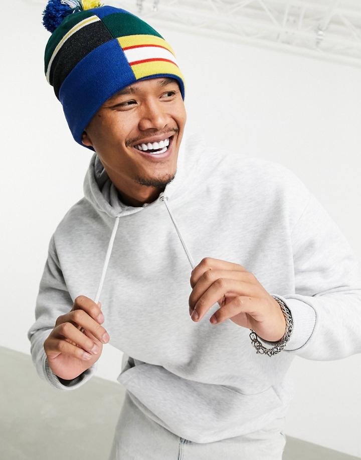Asos Daysocial Pom-pom Beanie In Collegiate Spliced Stripe-multi