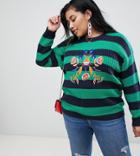 Brave Soul Plus Bouquet Stripe Sweater With Embroidery - Green