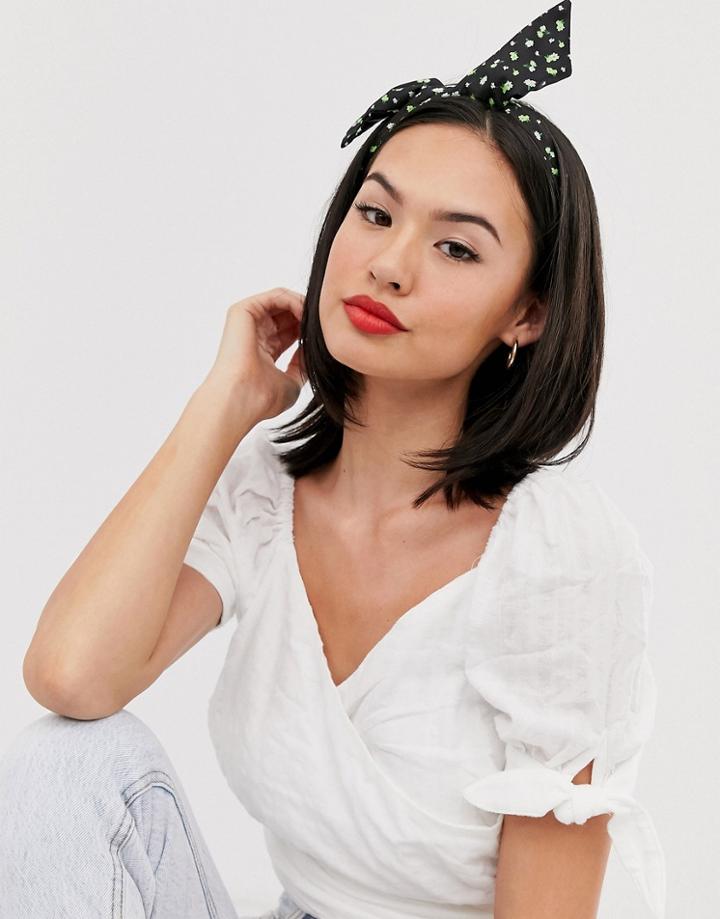 Asos Design Twist Wire Headband In Ditsy Floral Print - Black