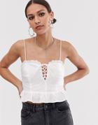 Bershka Tie Front Cami Top In White - Blue