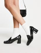 Missguided Faux Croc Patent Heeled Loafers In Black