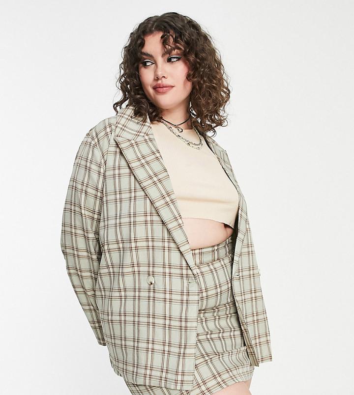 Heartbreak Plus Double Breasted Blazer In Sage Check - Part Of A Set-multi