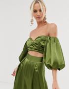 Asos Editon Off Shoulder Pleat Front Crop Top In Satin - Green