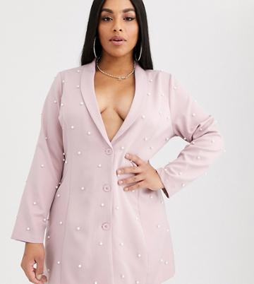 Saint Genies Plus Pearl Embellished Blazer In Blush-pink