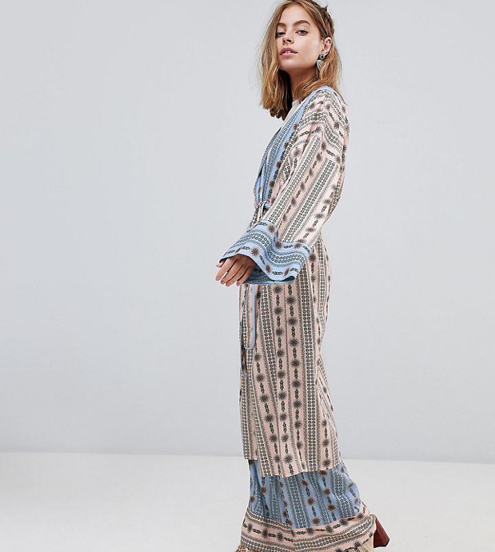 Sisters Of The Tribe Petite Kimono In Floral Stripe Print Co-ord - Blue