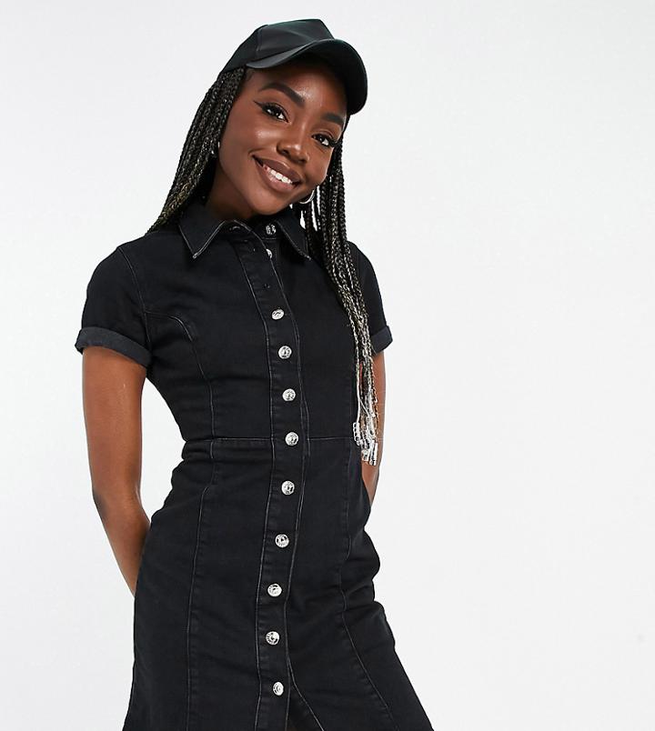 Asos Design Tall Denim Fitted Shirt Dress In Washed Black