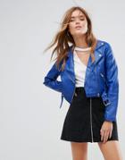 Pull & Bear Leather Look Biker Jacket - Blue