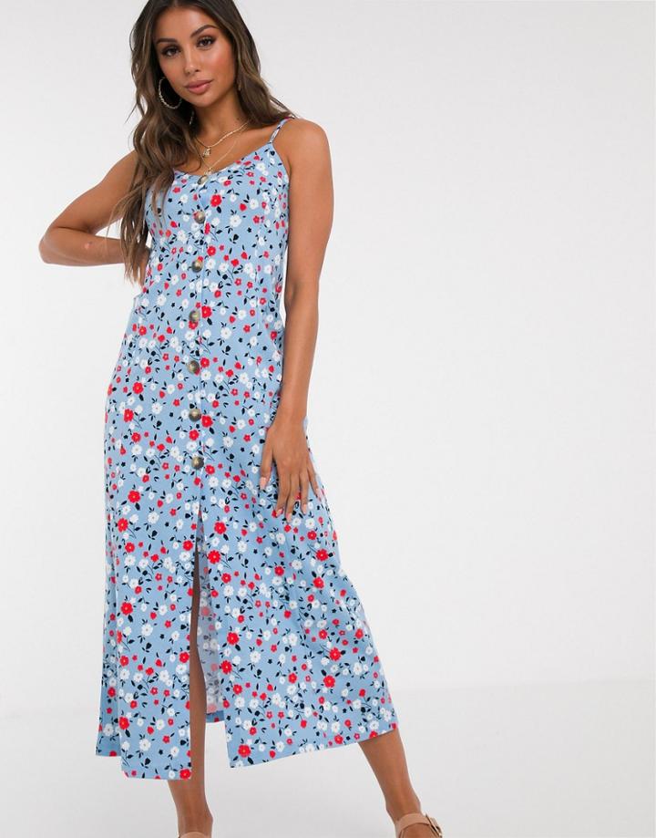 Asos Design Button Through Maxi Dress In Blue Floral Print-multi