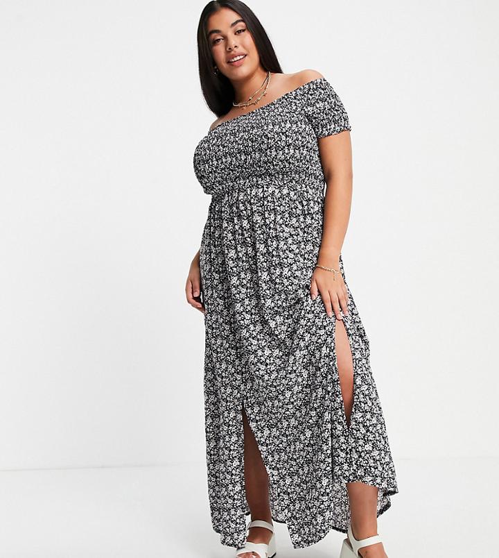 Yours Shirred Detail Bardot Maxi Dress In Navy Floral