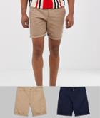 Asos Design 2 Pack Skinny Chino Shorts In Stone & Navy Save-multi