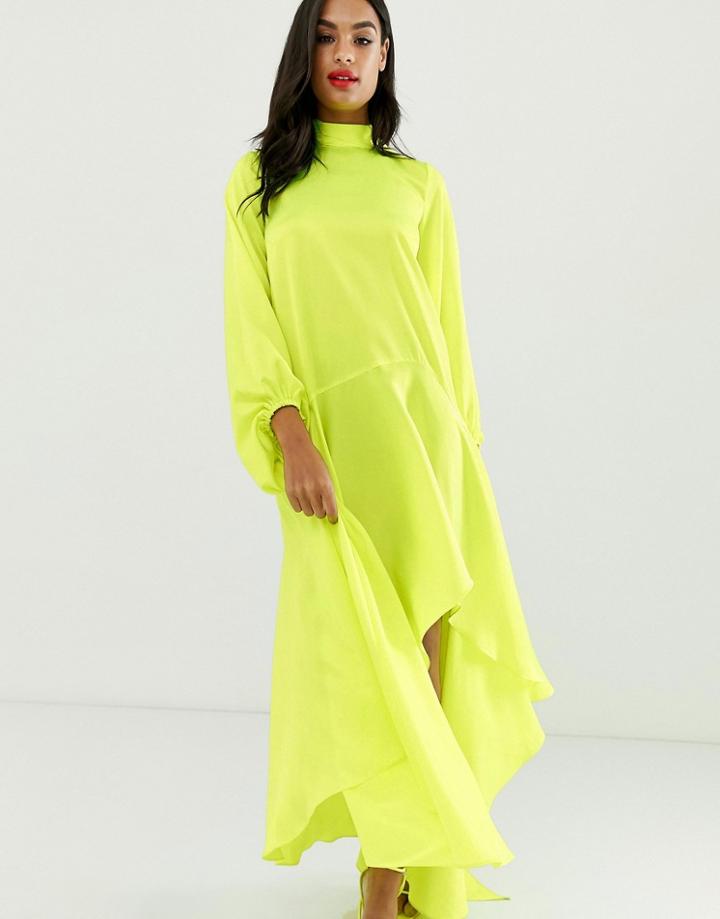 Asos Design Satin Maxi Dress With Scarf Neck And With Extreme Sleeve - Yellow