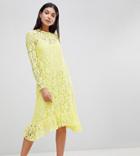Asos Design Tall Lace Midi Swing Dress With Ruffle Hem - Yellow
