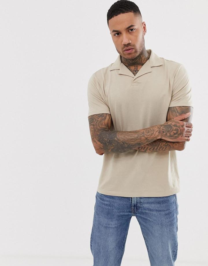 Asos Design Organic Jersey Polo With Revere Collar In Beige