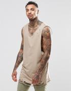 Asos Super Longline Tank With Distressed Hem - Beige