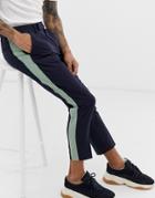 Asos Design Slim Crop Pants In Navy With Side Stripe