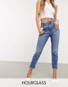 Asos Design Hourglass High Rise Farleigh 'slim' Mom Jeans In Midwash With Rips-black