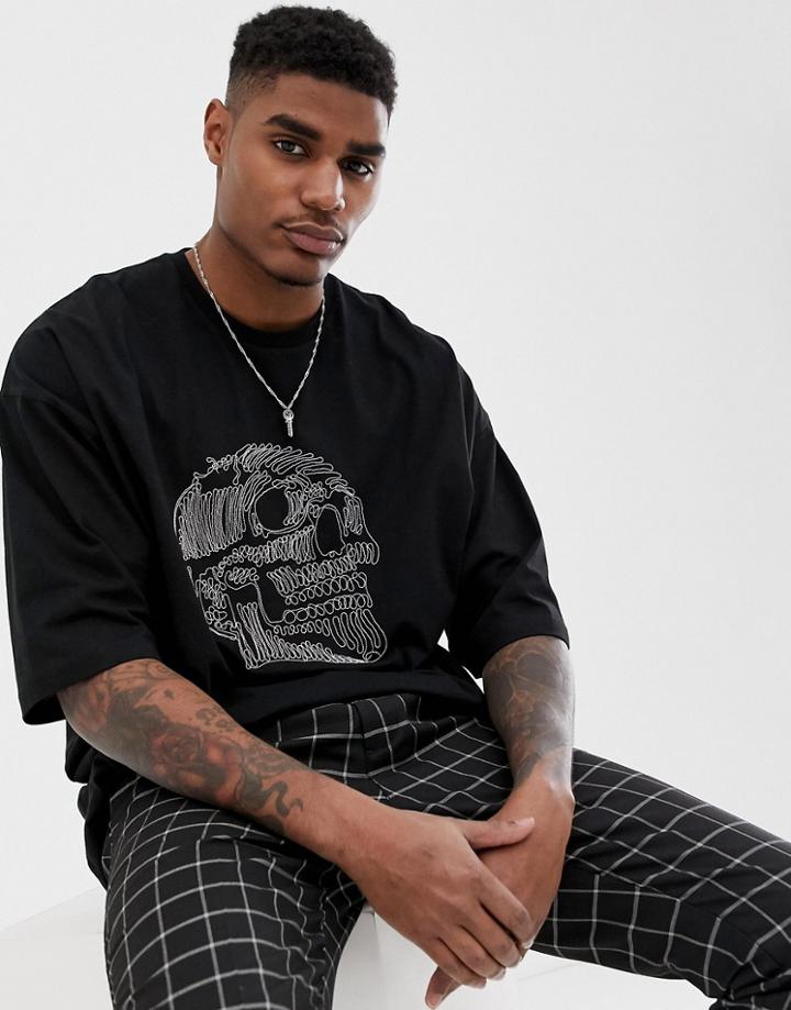 Asos Design Oversized T-shirt With Large Metallic Beaded Skull - Black