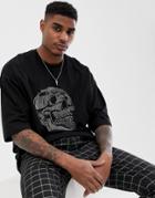 Asos Design Oversized T-shirt With Large Metallic Beaded Skull - Black