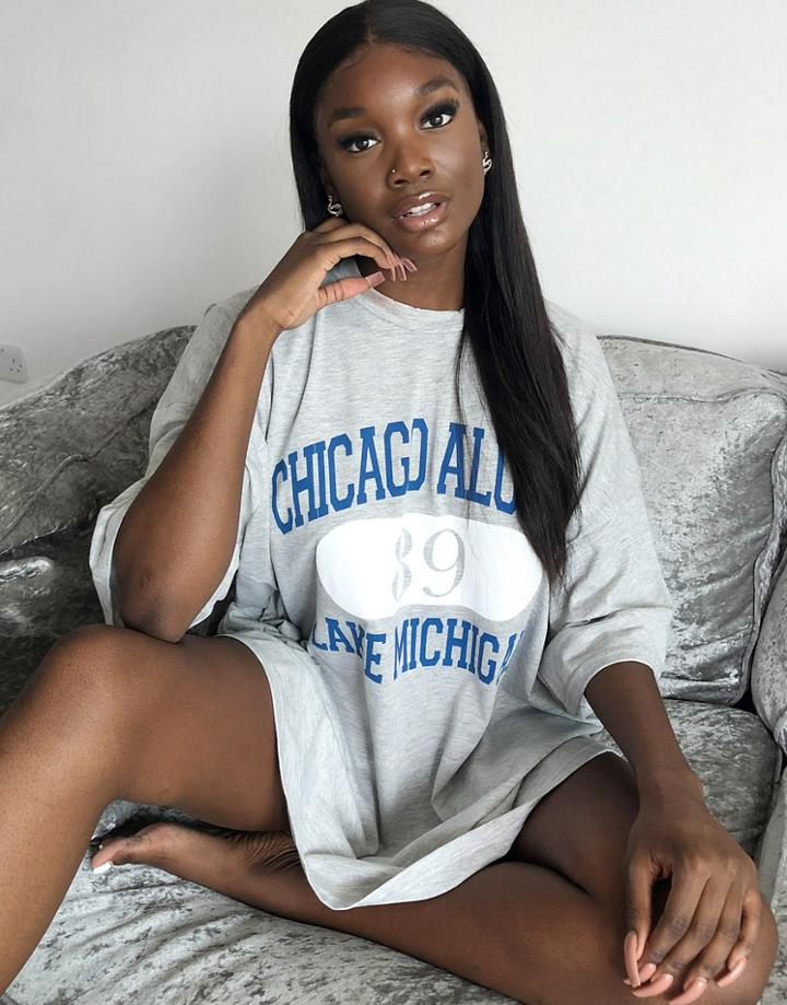 Asos Design Oversized T-shirt Dress In Gray With Chicago Print-grey