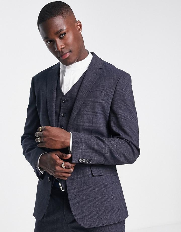 Noak Skinny Suit Jacket In Navy Glen Check Worsted Wool Blend