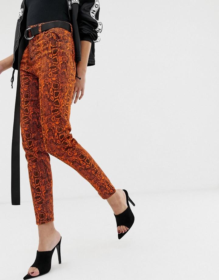 Na-kd Skinny Jeans With Neon Snake Print In Orange - Orange