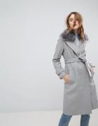 New Look Faux Fur Collar Belted Midi Coat - Gray