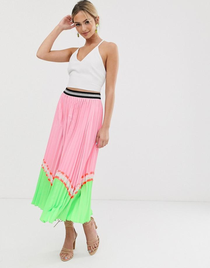 Liquorish Pleated Midaxi Skirt In Pink Neon Color Block - Pink
