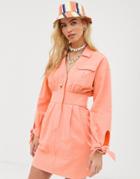 Asos Design Washed Utility Mini Shirt Dress-orange