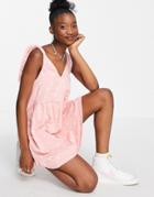 Asos Design Bunny Tie Shoulder Mini Smock Dress In Rose And White Spot-pink