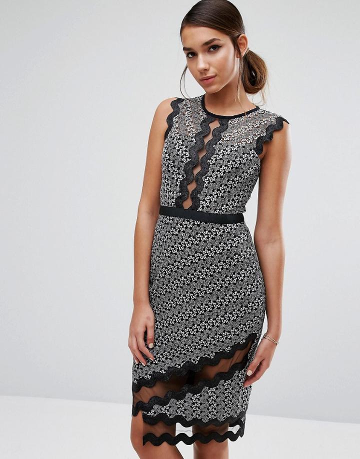 Three Floor Midi Pencil Dress In Contrast Lace With Piping - Multi