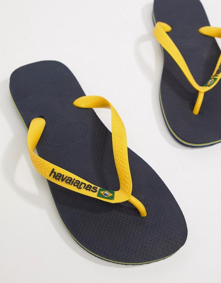 Havaianas Brasil Logo Flip Flops In Navy And Yellow