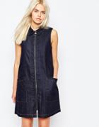 Monki Denim Shift Dress With Contrast Trim - Blue Dark