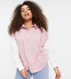 Asos Design Curve Long Sleeve Boxy Polo Color Block Top In Washed Pink