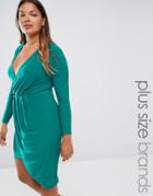 Club L Plus Slinky Dress With Wrap Front - Green