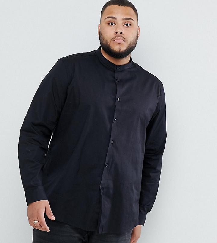 Asos Design Plus Stretch Regular Fit Shirt In Black With Grandad Collar - Black