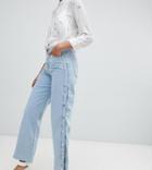 River Island Wide Leg Jeans With Popper Detail In Light Wash - Blue