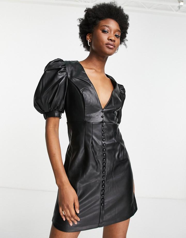 Bardot Leatherette Dress With Puff Sleeves In Black