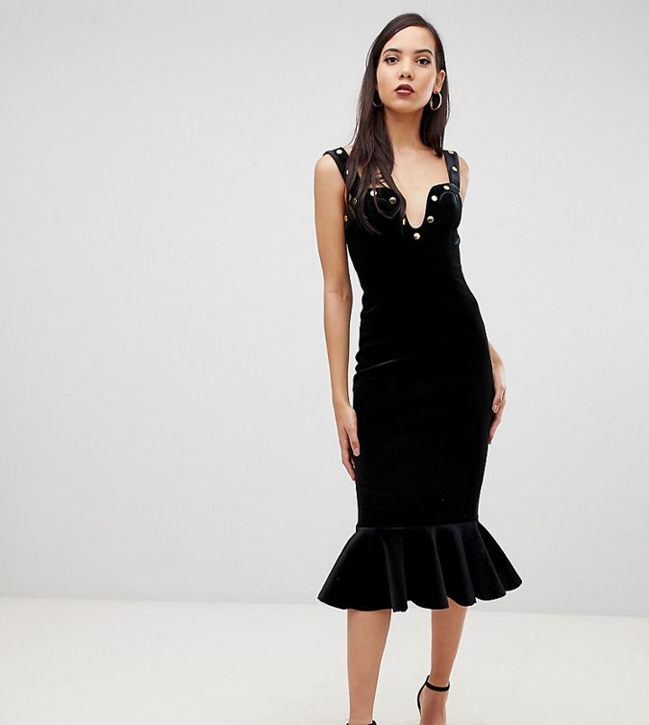 Asos Design Tall Premium Velvet Stud Detail Midi Bodycon Dress-black