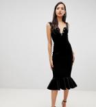 Asos Design Tall Premium Velvet Stud Detail Midi Bodycon Dress-black
