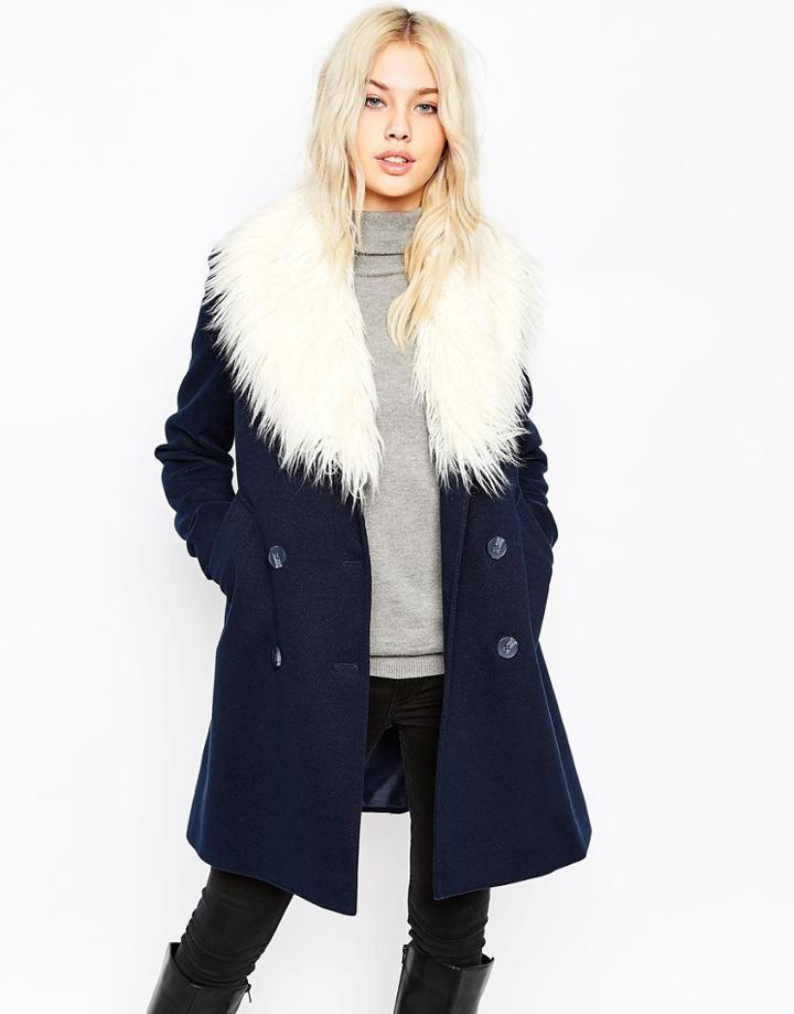 Asos Pea Coat With Faux Fur Trim - Navy