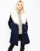 Asos Pea Coat With Faux Fur Trim - Navy