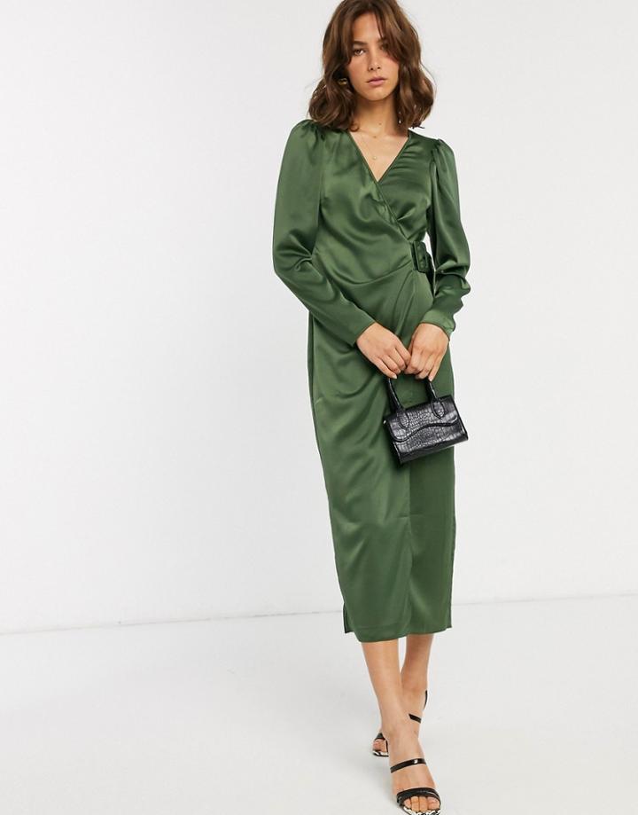 Asos Design Satin Wrap Maxi Dress With Buckle Belt-green