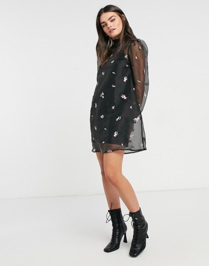 Asos Design Organza Embroidered High Neck Mini Swing Dress In Black