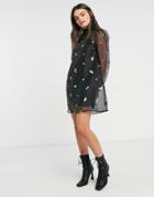 Asos Design Organza Embroidered High Neck Mini Swing Dress In Black