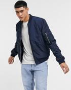 Asos Design Quilted Bomber Jacket With Ma1 Pocket In Navy
