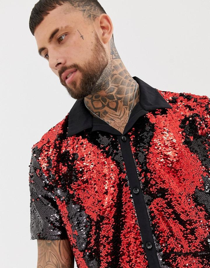 Night Addict Sequin Revere Collar Shirt - Red