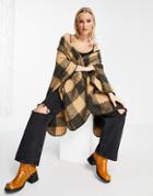 Pieces Recycled Polyester Cape Poncho In Camel Check-multi