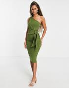 Asos Design One Shoulder Side Knot Midi Dress In Olive-green