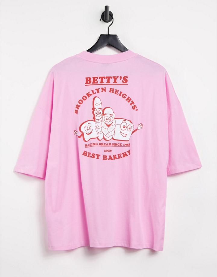 Asos Design Oversized T-shirt With Bread Cartoon Back Print In Pink-purple