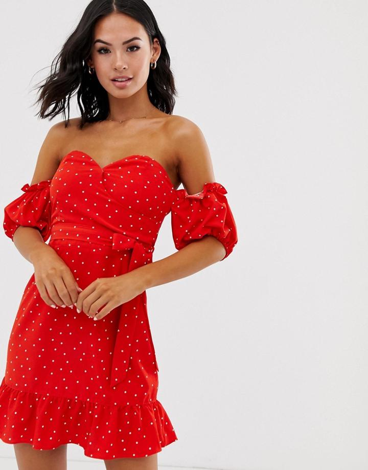 Glamorous Bardot Mini Dress With Puff Sleeves In Spot-red